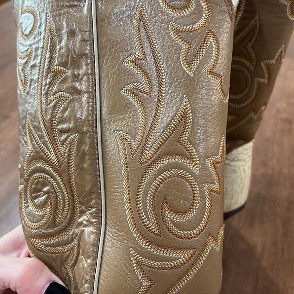 Rare Vintage Justin Cowboy Boots Cream Tan Leather Almond Toe Western Women’s 6B - Picture 7 of 11